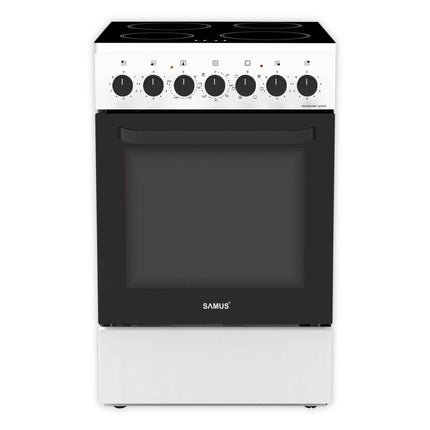 Aragaz Samus SM568VME White, Full electric, 4 zone de gatit vitroceramice, Capacitate cuptor: 60 L, Timer mecanic, Alb
