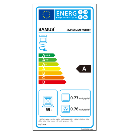 Aragaz Samus SM568VME White, Full electric, 4 zone de gatit vitroceramice, Capacitate cuptor: 60 L, Timer mecanic, Alb