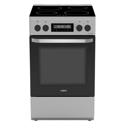 Aragaz Samus SM569VDE Inox, Full electric, 4 zone de gatit vitroceramice, Timer digital, Touch Control, Display digital, Capacitate cuptor: 59 L, Inox (laterale argintii)