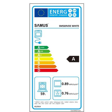 Aragaz Samus SM569VDE White, Full electric, 4 zone de gatit vitroceramice, Timer digital, Touch Control, Capacitate cuptor: 59 L, Alb