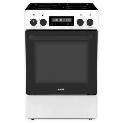 Aragaz Samus SM569VDE White, Full electric, 4 zone de gatit vitroceramice, Timer digital, Touch Control, Capacitate cuptor: 59 L, Alb