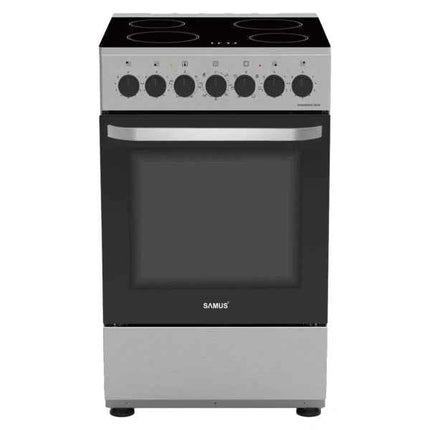 Aragaz Samus SM668VME Inox, Full electric, 4 zone de gatit vitroceramice, Timer mecanic, Termostat reglabil, Capacitate cuptor: 60 L, Inox(laterale argintii)