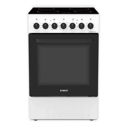 Aragaz Samus SM668VME White, Full electric, 4 zone de gatit vitroceramice, Timer mecanic, Termostat reglabil, Capacitate cuptor: 60 L, Alb