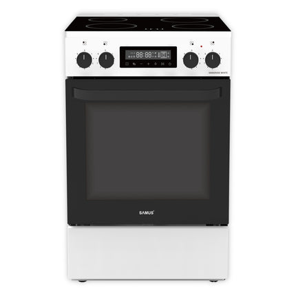 Aragaz Samus SM669VDE White, Full electric, 4 zone de gatit vitroceramice, Timer digital, Touch Control, Display digital, Capacitate cuptor: 59 L, Alb
