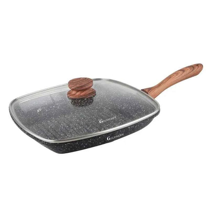 Tigaie grill cu capac din sticla Goldmann GM-0924L, 24x4.5 cm, Finisaj marmura, Inductie, Negru/Maro
