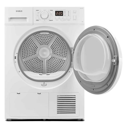 Uscator de rufe Samus SGDP-824, 8 kg, Tip procedura uscare pompa de caldura, 16 programe, Clasa energetica E, Anti-sifonare, Blocare acces copii, Pornire intarziata