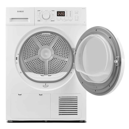 Uscator de rufe Samus SGDP-924, 9 kg, Afisaj electronic, Tip procedura uscare pompa de caldura, 16 programe, Clasa energetica D, Anti-sifonare, Blocare acces copii, Pornire intarziata, Alb