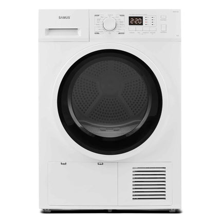 Uscator de rufe Samus SGDP-924, 9 kg, Afisaj electronic, Tip procedura uscare pompa de caldura, 16 programe, Clasa energetica D, Anti-sifonare, Blocare acces copii, Pornire intarziata, Alb