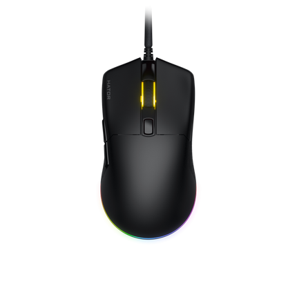 Mouse gaming cu fir Hator Pulsar 3, conectivitate USB, polling rate pana la 1000Hz, senzor Optical PixArt PMW 3311, rezolutie maxima 12000 DPI, switch HATORÂ® Optical 100M, iluminare RGB 16.8M culori, side switch Kailh 3M, negru