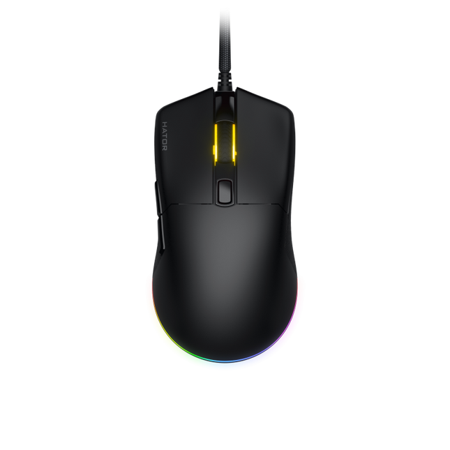 Mouse gaming cu fir Hator Pulsar 3, conectivitate USB, polling rate pana la 1000Hz, senzor Optical PixArt PMW 3311, rezolutie maxima 12000 DPI, switch HATORÂ® Optical 100M, iluminare RGB 16.8M culori, side switch Kailh 3M, negru