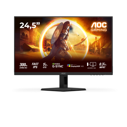 Monitor AOC 24.5" 25G4SRE, Diagonal (inch): 24.5, Diagonal (cm): 62, Aspect ratio: 16:9, Panel: Fast IPS, Resolution: 1920x1080, Refresh Rate: 300Hz, Response time GtG: 1ms, Response time MPRT: 0.3ms, Brightness (max): 400 cd/mÂ², Contrast (static) : 1000:1, Contrast (dynamic): 80M:1, Viewing angle
