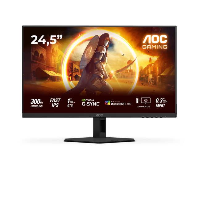 Monitor AOC 24.5" 25G4SRE, Diagonal (inch): 24.5, Diagonal (cm): 62, Aspect ratio: 16:9, Panel: Fast IPS, Resolution: 1920x1080, Refresh Rate: 300Hz, Response time GtG: 1ms, Response time MPRT: 0.3ms, Brightness (max): 400 cd/mÂ², Contrast (static) : 1000:1, Contrast (dynamic): 80M:1, Viewing angle