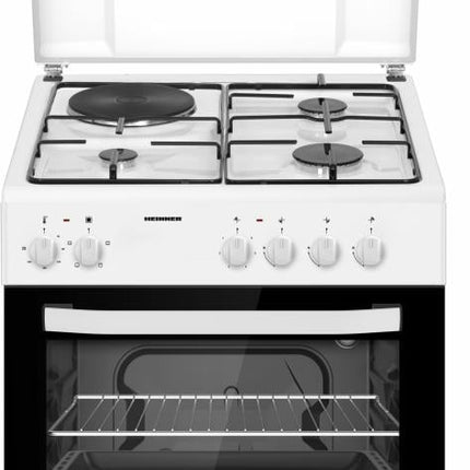 ARAGAZ MIXT HEINNER HFSC-S60E1HSWH, 3 ARZATOARE GAZ + 1 PLITA ELECTRICA, APRINDERE ELECTRICA ARZATOARE, CUPTOR ELECTRIC, CLASA A, GRILL, 60X60CM, ALB