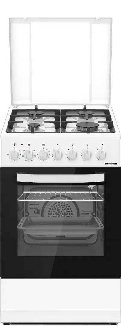 ARAGAZ MIXT HEINNER HFSC-S65MIXF-WH, 50X60 CM, 4 ARZÄ‚TOARE, SUPORT FONTA, CAPAC METALIC, APRINDERE ELECTRICÄ‚ PLITÄ‚, DISPOZITIV SIGURANÈšÄ‚ PLITÄ‚, CUPTOR ELECTRIC, CLASA A, 6 FUNCÈšII, SERTAR INFERIOR VAS