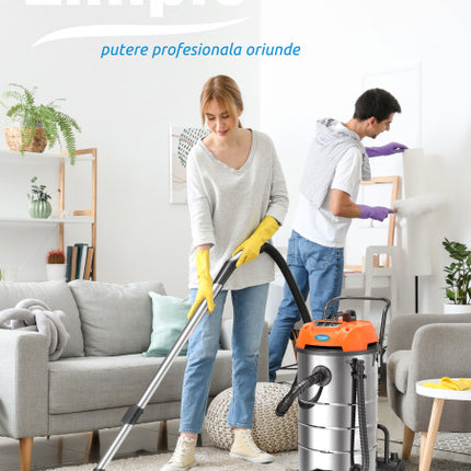 Aspirator multifunctional Limpio LWD-90X3, 3600 W, Putere aspirare 450 W, Recipient colectare cu finisaj inox 90 litri, Flux de aer 3.5 m3/min, Portocaliu/Argintiu