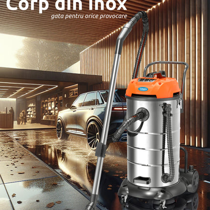 Aspirator multifunctional Limpio LWD-90X3, 3600 W, Putere aspirare 450 W, Recipient colectare cu finisaj inox 90 litri, Flux de aer 3.5 m3/min, Portocaliu/Argintiu