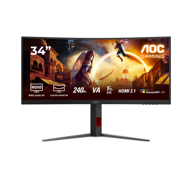 Monitor AOC 34" CU34G4Z, Curvature: 1500R, Diagonal (inch): 34, Diagonal (cm): 87, Aspect ratio: 21:9, Panel: VA, Resolution: 3440x1440, Refresh Rate: 240Hz, Response time GtG: 1ms, Response time MPRT: 0.3ms, Brightness (max): 400 cd/mÂ², Contrast (static) : 3000:1, Contrast (dynamic): 80M:1, Viewing