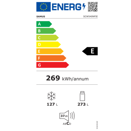Combina frigorifica Samus SCW540NFIE, Full No Frost, Motor Dual Inverter, 400 L, Clasa energetica E, H 186 cm, Alb