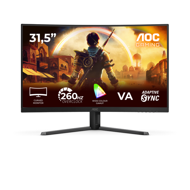 Monitor AOC 31.5" C32G42ZE, Curvature: 1500R, Diagonal (inch): 31.5, Diagonal (cm): 80, Aspect ratio: 16:9, Panel: VA, Resolution: 1920x1080, Refresh Rate: 260Hz, Response time GtG: 4ms, Response time MPRT: 0.3ms, Brightness (max): 300 cd/mÂ², Contrast (static) : 3500:1, Viewing angle: 178/178, Color
