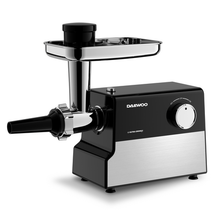 Masina de tocat carne Daewoo, 2000 W, 2.5 kg/minut, 3 discuri de taiere, lama din inox, functie reverse, Negru