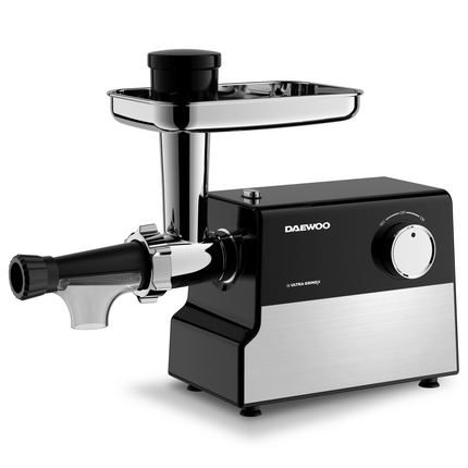 Masina de tocat carne Daewoo, 2000 W, 2.5 kg/minut, 3 discuri de taiere, lama din inox, functie reverse, Negru