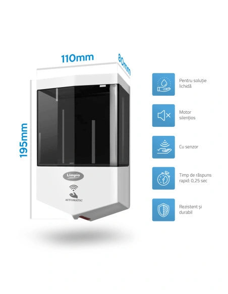 Dozator sapun lichid cu senzor Limpio SD600S – 600 ml, ABS, montaj suspendat, antifurt