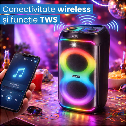 Boxa Portabila Daewoo DPS60, 60W RMS, redare USB si card, telecomanda, microfon wireless, lumini LED, mod karaoke, conectare wireless, Negru