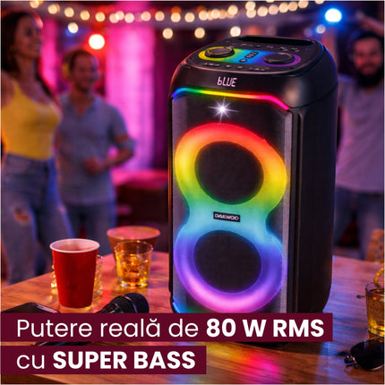 Boxa Portabila Daewoo DPS80, 80W RMS, redare USB si card, telecomanda, microfon wireless, lumini LED, mod karaoke, conectare wireless, Negru