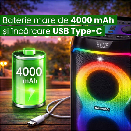 Boxa Portabila Daewoo DPS80, 80W RMS, redare USB si card, telecomanda, microfon wireless, lumini LED, mod karaoke, conectare wireless, Negru