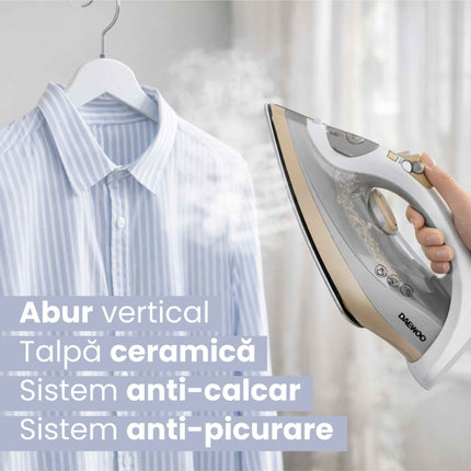 Fier de calcat Daewoo, putere 2400 W, talpa ceramica, jet abur puternic 30 g/minut, abur vertical, capacitate rezervor 280 ml, Bej satinat