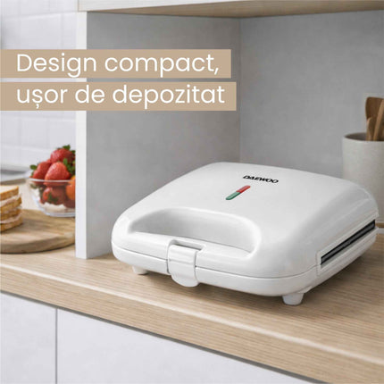 Sandwich maker Daewoo DSM25W, 800 W, placi neaderente, incalzire controlata prin termostat, maner CoolTouch, clapeta de blocare, indicator luminos incalzire, Alb