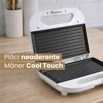 Sandwich maker Daewoo DSM25W, 800 W, placi neaderente, incalzire controlata prin termostat, maner CoolTouch, clapeta de blocare, indicator luminos incalzire, Alb