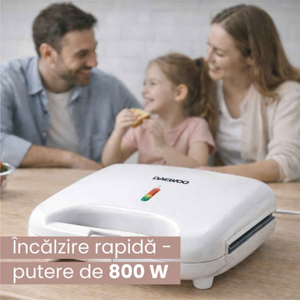 Sandwich maker Daewoo DSM25W, 800 W, placi neaderente, incalzire controlata prin termostat, maner CoolTouch, clapeta de blocare, indicator luminos incalzire, Alb
