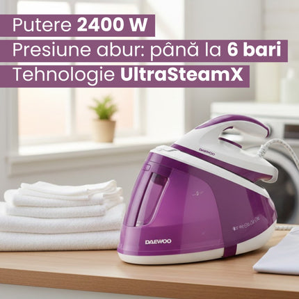 Statie de calcat cu cu aburi Daewoo DSS240, 2400W, rezervor 1800 ml, talpa ceramica, jet abur 240 g/min, debit abur continuu:120 g/min, abur vertical, sistem anti-calcar, mod Eco, oprire automata, Violet