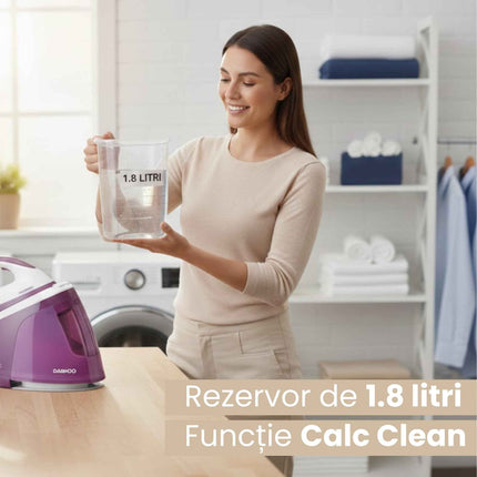 Statie de calcat cu cu aburi Daewoo DSS240, 2400W, rezervor 1800 ml, talpa ceramica, jet abur 240 g/min, debit abur continuu:120 g/min, abur vertical, sistem anti-calcar, mod Eco, oprire automata, Violet