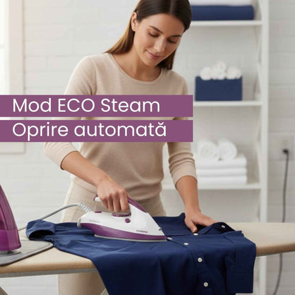Statie de calcat cu cu aburi Daewoo DSS240, 2400W, rezervor 1800 ml, talpa ceramica, jet abur 240 g/min, debit abur continuu:120 g/min, abur vertical, sistem anti-calcar, mod Eco, oprire automata, Violet