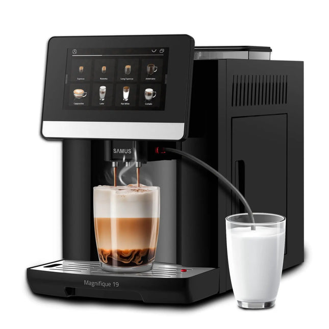 ESPRESSOR AUTOMAT SAMUS MAGNIFIQUE 19, PUTERE 1200-1450 W, 19 BARI, REZERVOR APĂ 1.7 L, RECIPIENT CAFEA BOABE 250 G, 20 TIPURI BĂUTURI, SISTEM EXTRACȚIE LAPTE CU FURTUN 25 CM, ÎNĂLȚIME REGLABILĂ DUZE Samus