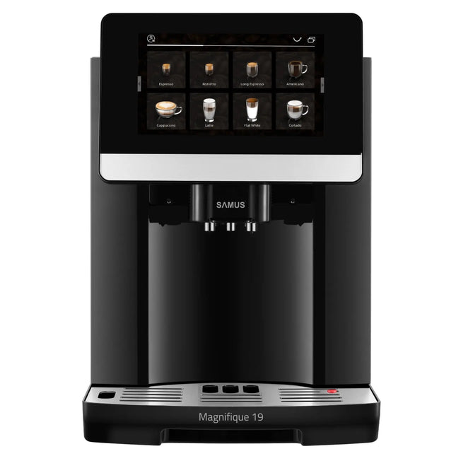 ESPRESSOR AUTOMAT SAMUS MAGNIFIQUE 19, PUTERE 1200-1450 W, 19 BARI, REZERVOR APĂ 1.7 L, RECIPIENT CAFEA BOABE 250 G, 20 TIPURI BĂUTURI, SISTEM EXTRACȚIE LAPTE CU FURTUN 25 CM, ÎNĂLȚIME REGLABILĂ DUZE Samus