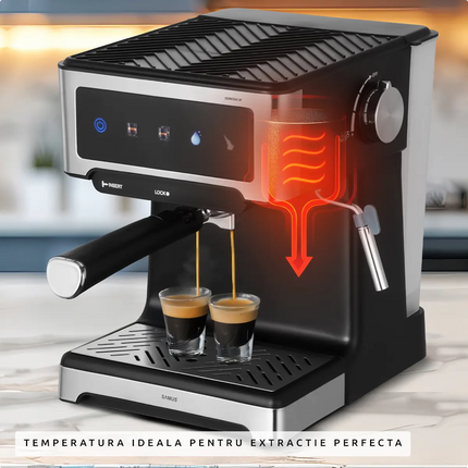 ESPRESSOR SAMUS ESPRESSIA 20, 20 BARI, PUTERE 1150 W, REZERVOR DE APA TRANSPARENT DETASABIL 1.8 LITRI, 3 OPTIUNI DISPONIBILE (1 CEASCA/2CESTI/APA CALDA), NEGRU Samus