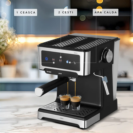 ESPRESSOR SAMUS ESPRESSIA 20, 20 BARI, PUTERE 1150 W, REZERVOR DE APA TRANSPARENT DETASABIL 1.8 LITRI, 3 OPTIUNI DISPONIBILE (1 CEASCA/2CESTI/APA CALDA), NEGRU Samus