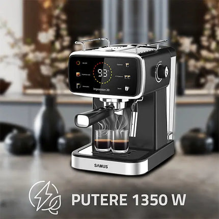 ESPRESSOR SAMUS IMPRESSION 20, 20 BARI, 5 OPTIUNI CAFEA, TOUCH CONTROL, REZERVOR APA 1.5L, 1350W, ECRAN AFISARE TEMPERATURA APA, SISTEM ELECTRONIC DE INCALZIRE, NEGRU Samus