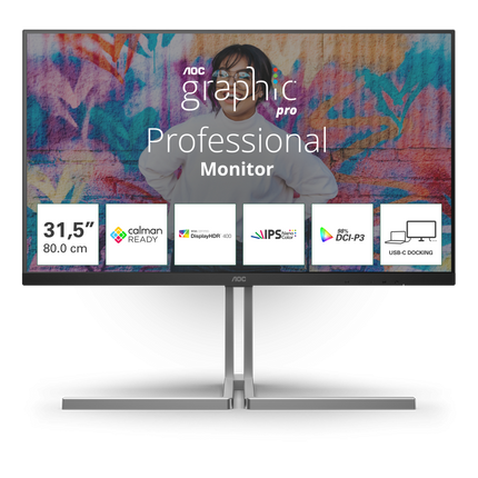 "Monitor AOC 31.5"" U32U3CV, Diagonal (inch): 31.5, Diagonal (cm): 80, Aspect ratio: 16:9, Panel: IPS, Resolution: 3840x2160, Refresh Rate: 60Hz, Response time GtG: 4ms, Brightness (max): 400 cd/mÂ², Contrast (static) : 1000:1, Contrast (dynamic): 50M:1, Viewing angle: 178/178, Color Gamut Type