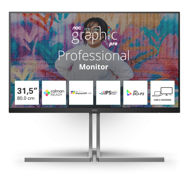 "Monitor AOC 31.5"" U32U3CV, Diagonal (inch): 31.5, Diagonal (cm): 80, Aspect ratio: 16:9, Panel: IPS, Resolution: 3840x2160, Refresh Rate: 60Hz, Response time GtG: 4ms, Brightness (max): 400 cd/mÂ², Contrast (static) : 1000:1, Contrast (dynamic): 50M:1, Viewing angle: 178/178, Color Gamut Type