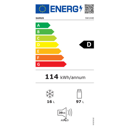 Frigider Samus SW144E, 113 L, Clasa energetica D, Termostat reglabil, 2 rafturi de sticla, H 84.5 cm, Alb