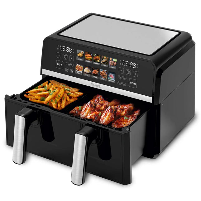 FRITEUZA CU AER CALD SAMUS AF9BIG-S2500DW, 2500 W, 9 LITRI, SEPARATOR COMPARTIMENT DETASABIL, AFIȘAJ ELECTRONIC COLOR, TOUCH CONTROL, TIMER, 10 PROGRAME, TEHNOLOGIA FRY-FORCE 360° Samus