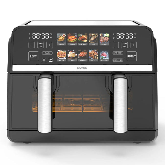 FRITEUZA CU AER CALD SAMUS AF9BIG-S2500DW, 2500 W, 9 LITRI, SEPARATOR COMPARTIMENT DETASABIL, AFIȘAJ ELECTRONIC COLOR, TOUCH CONTROL, TIMER, 10 PROGRAME, TEHNOLOGIA FRY-FORCE 360° Samus