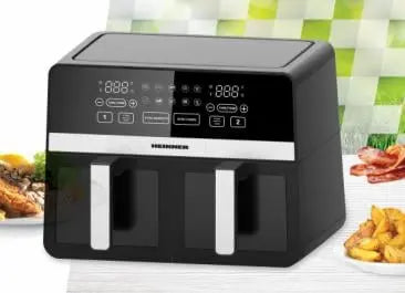 FRITEUZA DUBLA CU AER CALD HEINNER SIMCOOK HAF-K10DB24BK, 2400W, CAPACITATE TOTALA: 9.5L, TERMOSTAT AJUSTABIL CU DISPLAY LED, CONTROL DIGITAL INDIVIDUAL, 10 PROGRAME PRESETATE, FUNCTIE DECONGELARE, TI Heinner