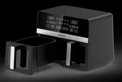 FRITEUZA DUBLA CU AER CALD HEINNER SIMCOOK HAF-K10DB24BK, 2400W, CAPACITATE TOTALA: 9.5L, TERMOSTAT AJUSTABIL CU DISPLAY LED, CONTROL DIGITAL INDIVIDUAL, 10 PROGRAME PRESETATE, FUNCTIE DECONGELARE, TI Heinner