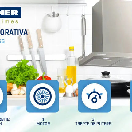 HOTA INCORPORABILA DECORATIVA HEINNER HDCH-660TSS, 60 CM,1 MOTOR, PUTERE DE ABSORBTIE 586.3 M3/H, LUMINA LED, 3 TREPTE DE VITEZA, CLASA B, INOX Heinner