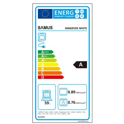 Aragaz Samus SM669VDE White, Full electric, 4 zone de gatit vitroceramice, Timer digital, Touch Control, Display digital, Capacitate cuptor: 59 L, Alb